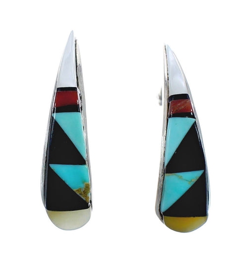 Zuni Multicolor Inlay Sterling Silver Post Hoop Earrings AX127639